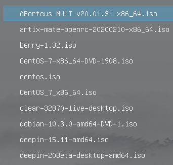 Ventoy boot menu in list view